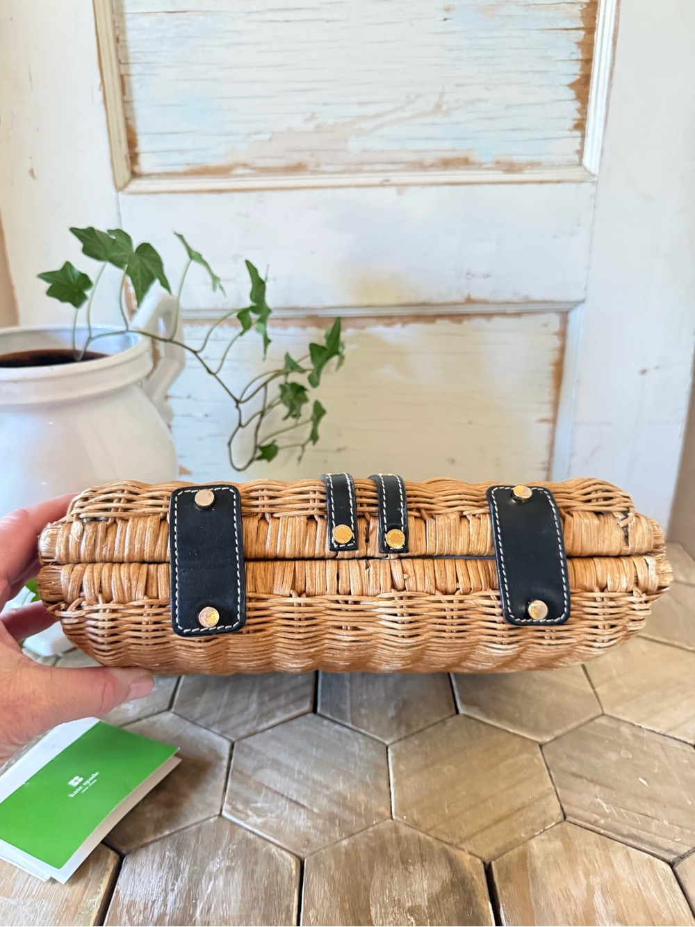 Vintage Kate Spade New York Wicker & Leather Satchel, Honey Rattan, + Dust Bag - Picture 9 of 15